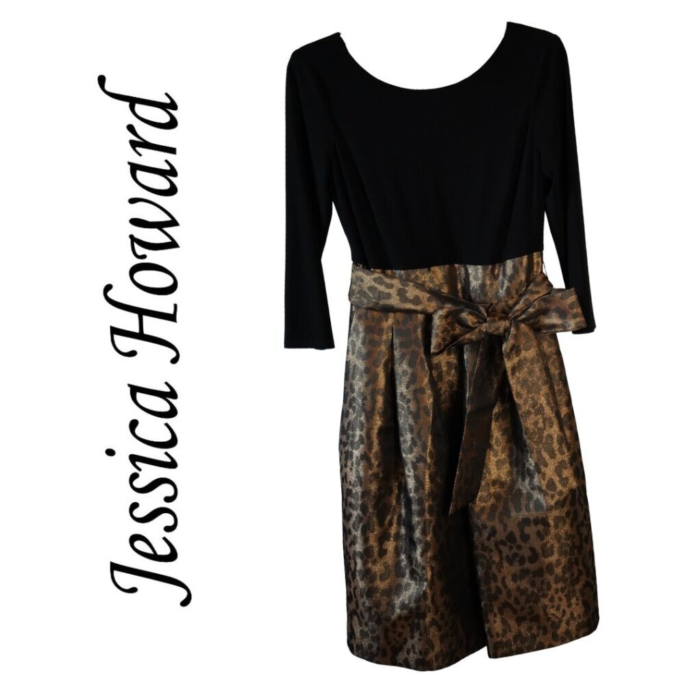 Jessica Howard,‎ Metallic Leopard Print ¾ Sleeve V-Back Midi Dress, Black, Brown